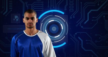 Basketbolcuyla tarama ve veri işleme dürbünü görüntüsü. global spor, rekabet teknolojisi ve dijital arayüz konsepti dijital olarak oluşturulmuş görüntü.