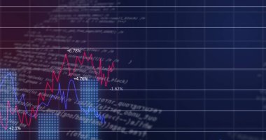 Mor gradyan arkaplana karşı ızgara ağı üzerinden istatistiksel veri işleme resmi. Küresel ekonomi ve iş veri teknolojisi kavramı