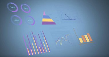 Mavi arka planda finansal veri işleme resmi. Küresel iş, finans, hesaplama ve veri işleme kavramı dijital olarak oluşturulmuş görüntü.