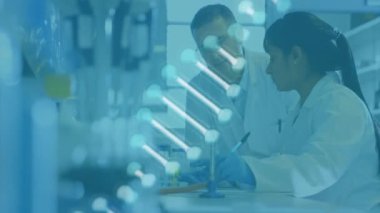 Laboratuvarda çalışan çeşitli kadın bilim adamlarının DNA dizilerinin animasyonu. Küresel bilim, tıp ve dijital arayüz kavramı dijital olarak üretilen video.