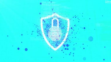 Mavi arkaplanda bağlantı ağı ve veri işleme ağı üzerinde asma kilit olan kalkanın animasyonu. Dijital olarak oluşturulmuş küresel bağlantılar, bilgisayar ve dijital arayüz kavramı.