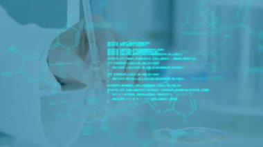 Kafkas kadın bilim adamının laboratuvarda bilimsel veri işleme animasyonu. Küresel bilim, bağlantılar, hesaplama ve veri işleme kavramı dijital olarak oluşturulmuş video.