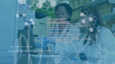 Laboratuvardaki çeşitli kadın bilim adamları üzerinde kimyasal formülün ve veri işlemenin animasyonu. Küresel bilim, tıp ve dijital arayüz kavramı dijital olarak üretilen video.