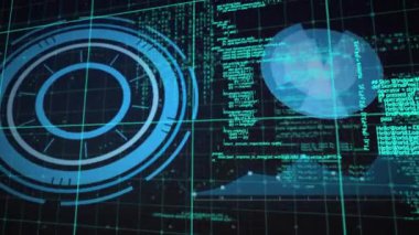 Kapsamlı tarama ve kara arkaplanda veri işleme animasyonu. Dijital olarak oluşturulmuş küresel bağlantılar, bilgisayar ve dijital arayüz kavramı.