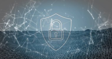 Dijital dalgada ikili kodlamaya karşı güvenlik kilidi ve bağlantı ağının görüntüsü. Siber güvenlik ve iş teknolojisi kavramı