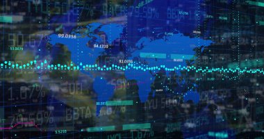 Bu resim, bir şehir manzarasında canlandırılan finansal verileri ve grafikleri tasvir ediyor. Veriler ve grafikler renklidir ve arka plan da renkli bir şekilde canlandırılmıştır. Görüntü küresel finans, ekonomi, iş ve teknoloji kavramlarını temsil ediyor. 