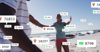 Afro-Amerikan çifti yerine medya simgeleri. Sosyal medya ve iletişim arayüzü kavramı dijital olarak oluşturulmuş görüntü.