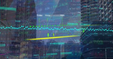 Şehir manzarası üzerinde finansal veri işleme resmi. Küresel iş ve veri işleme kavramı dijital olarak oluşturulmuş görüntü.