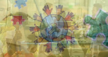 Çeşitli okul çocuklarına el yazısıyla yazılmış bir dünya görüntüsü. Otizm farkındalığı ayı ve dijital olarak üretilen görüntü konsepti.