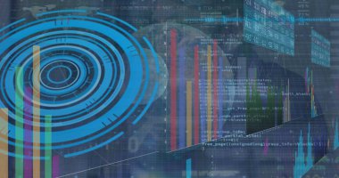 Kapsam taramasında veri işleme resmi. Küresel ağlar, hesaplama, veri işleme ve dijital arayüz kavramı dijital olarak oluşturuldu.