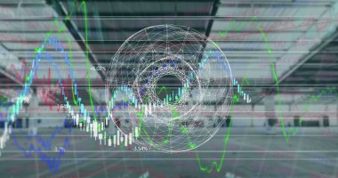 Boş ofise karşı soyut geometrik şekil ve finansal veri işleme. küresel ekonomi ve iş kavramı