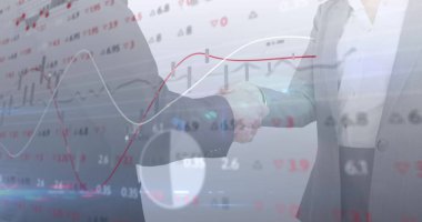 İş adamlarının el sıkışması üzerine finansal veri işleme resmi. küresel bağlantılar, iş dünyası, dijital arayüz, teknoloji ve ağ konsepti dijital olarak oluşturulmuş görüntü.