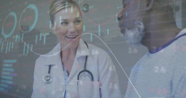 Grafikler, daireler yükleme ve takas masası, çeşitli kadın doktorların hastalarla konuşması. Dijital bileşik, çoklu pozlama, rapor, iş dünyası, borsa, tıbbi ve sağlık hizmetleri.