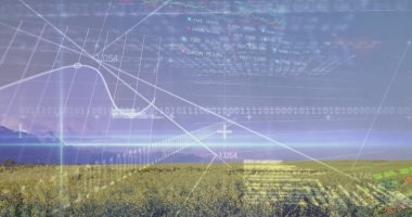 Saha üzerinde borsa ve veri işleme görüntüsü. Küresel iş, doğa ve dijital arayüz kavramı, dijital olarak oluşturulmuş görüntü.