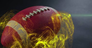 Gri zeminde hareket eden mercek ışığı ve rugby topunun üzerindeki soyut desen görüntüsü. Dijital bileşik, çoklu pozlama, aydınlatma, spor ve yarışma konsepti.