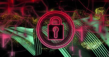 Image of padlock icon and data processing on dark background. Global cyber security, connections, digital interface, communication, computing and data processing concept digitally generated image. clipart