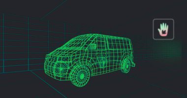 3D Van Modeli üzerinde birden fazla dijital simge tünelde pürüzsüz bir şekilde hareket ediyor. Ev ve sürdürülebilir enerji kavramı