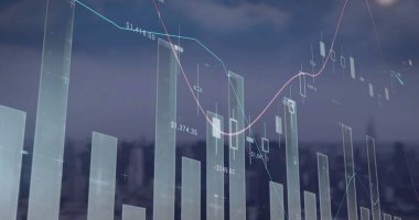 Şehir manzarasının havadan görüntüsüne karşı istatistiksel veri işleme görüntüsü. Bilgisayar arayüzü ve iş veri teknolojisi kavramı