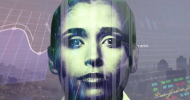 Kadın yüzünden finansal veri işleme görüntüsü. Küresel iş ve veri işleme kavramı dijital olarak oluşturulmuş görüntü.