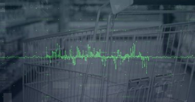 Marketteki alışveriş arabasının üstündeki grafikler. Küresel kriz, gıda fiyatları, finans ve ekonomi kavramı dijital olarak üretilen imaj.