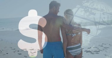 Image of american dollar sign and financial data processing over couple on beach. Global holiday, business, finance, computing, connections and data processing concept digitally generated image. clipart