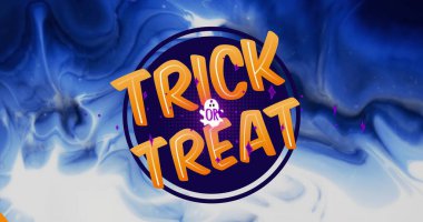 Mavi dumanlı arka planda şaka mı şeker mi mesajı ve hayalet resmi. Cadılar Bayramı, gelenek ve kutlama konsepti dijital olarak oluşturulmuş imaj.