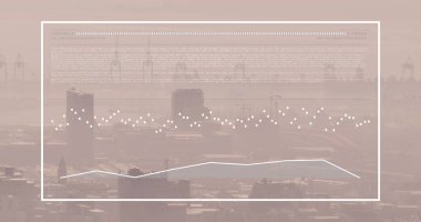 Gökyüzüne karşı modern şehir manzarasının havadan görüntüsü üzerine grafikler ve bar yüklemesi. Dijital bileşik, çoklu pozlama, rapor, iş, ilerleme, binalar, soyut ve mimari kavram.