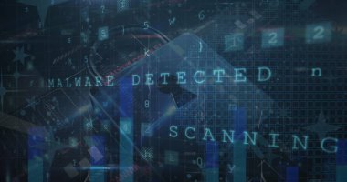 Güvenlik kilidi simgesi üzerinde siber güvenlik ve istatistiksel veri işleme resmi. Küresel ağ ve siber güvenlik teknolojisi kavramı