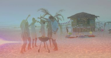 Bira içen ve plajda bbq içen bir grup mutlu arkadaşın üzerindeki ışık lekeleri. bbq günü ve dijital olarak oluşturulmuş görüntü konsepti.