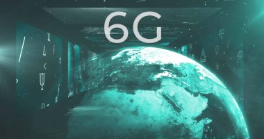 Matematiksel semboller ve diyagramlar üzerinde 6G metin resmi. Dijital olarak üretilen hologram, illüstrasyon, eğitim, işaret, telekomünikasyon ve küreselleşme kavramı.