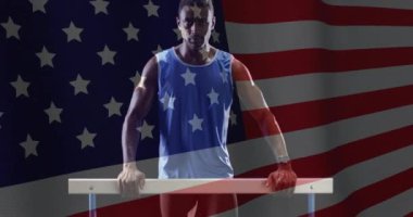 Amerika bayrağının Afro-Amerikan erkek sporcu üzerinden canlandırılması. Küresel spor, spor disiplinleri ve bayraklar dijital olarak oluşturulmuş video konsepti.