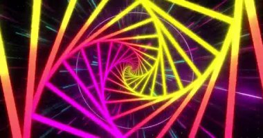 Siyah zemin üzerinde neon şekillerin ve ışık izlerinin animasyonu. Şekiller, renkler ve arkaplan konsepti dijital olarak oluşturulmuş video.