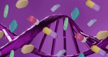 DNA iplikçiklerinin dönmesi ve mor arka planda haplar. Küresel bilim, bağlantılar, hesaplama ve veri işleme kavramı dijital olarak oluşturulmuş video.