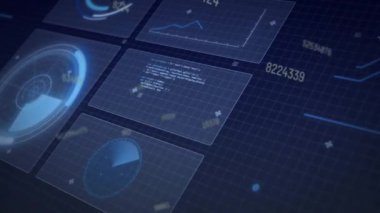 Siyah arkaplan taraması ile veri işleme animasyonu. Küresel teknoloji, bilgisayar ve dijital arayüz kavramı dijital olarak oluşturulmuş video.