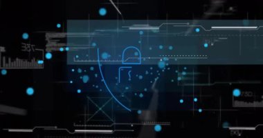 Veri işleme ağı üzerinden bağlantı ağının animasyonu ve kalkan ile asma kilit. Teknoloji, iş ve dijital arayüz kavramı dijital olarak oluşturulmuş video.