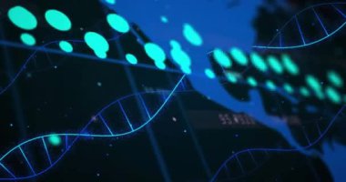 Dünya haritası üzerinde DNA iplikçiklerinin dijital veri işleme animasyonu. Küresel bilim, bağlantılar, hesaplama ve veri işleme kavramı dijital olarak oluşturulmuş video.