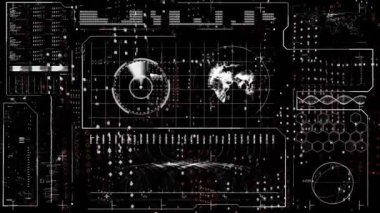 Siyah arkaplan üzerinde dijital veri işleme animasyonu. Dijital olarak oluşturulmuş küresel bağlantılar, hesaplama ve veri işleme kavramı.