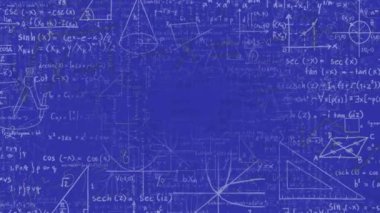 Mavi sırtlı üzerinde matematiksel veri işleme animasyonu. Küresel bilim, bağlantılar, hesaplama ve veri işleme kavramı dijital olarak oluşturulmuş video.
