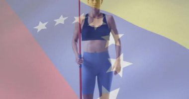 Beyaz kadın atlet üzerinde Venezuela bayrağının animasyonu. Küresel spor, spor disiplinleri ve bayraklar dijital olarak oluşturulmuş video konsepti.