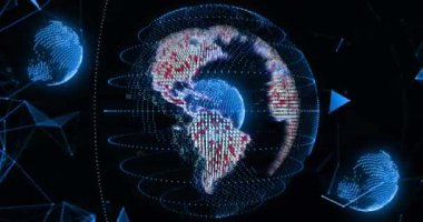 Bağlantılar ağının üzerinde dönen dünyanın animasyonu. Dijital olarak oluşturulmuş küresel bağlantılar, hesaplama ve veri işleme kavramı.