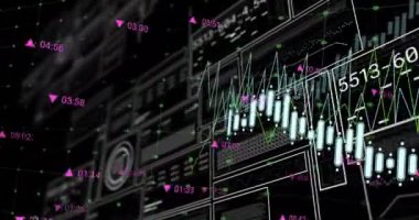 Ekranlarda dijital veri işleme animasyonu. Dijital olarak oluşturulmuş küresel bağlantılar, hesaplama ve veri işleme kavramı.