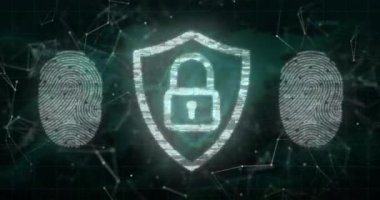 Biyometrik parmak izlerinden asma kilit ve veri işleme animasyonu. Küresel siber güvenlik, bağlantılar, hesaplama ve veri işleme kavramı dijital olarak oluşturuldu.