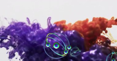 Beyaz arka planda kırmızı ve mavi şekilli hareket eden moleküllerin animasyonu. Teknoloji ve dijital arayüz kavramı dijital olarak oluşturuldu.