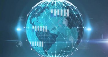 Veri işleme ve dünya üzerindeki bağlantı ağının animasyonu. Dijital olarak oluşturulmuş küresel bağlantılar, hesaplama ve veri işleme kavramı.