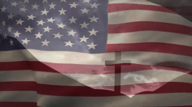 Tepenin üstünde Amerikan bayrağının animasyonu. Vatanseverlik, bayraklar ve din konsepti dijital olarak oluşturulmuş video.