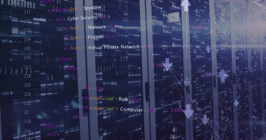 Bilgisayar sunucuları üzerinden veri işleme resmi. Küresel iş, finans, hesaplama ve veri işleme kavramı dijital olarak oluşturulmuş görüntü.