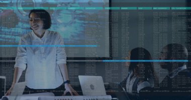 Ofisteki çeşitli iş adamlarıyla ilgili finansal veri işleme resmi. Küresel finans, iş, bağlantılar, hesaplama ve veri işleme kavramı dijital olarak oluşturuldu.