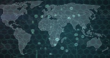 Siyah arkaplanda dünya haritasının üzerindeki simgelerin resmi. Küresel iş, iletişim ve veri işleme kavramı dijital olarak oluşturulmuş görüntü.