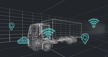 3D Van Modeli üzerinde birden fazla dijital simge tünelde pürüzsüz bir şekilde hareket ediyor. Ev ve sürdürülebilir enerji kavramı