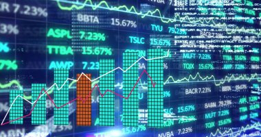 Karanlık arka planda finansal veri işleme resmi. Küresel finans, iş, bağlantılar, hesaplama ve veri işleme kavramı dijital olarak oluşturuldu.